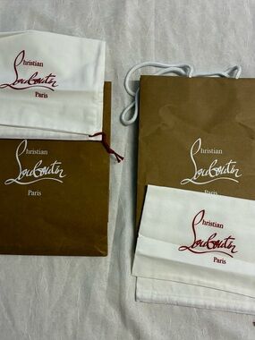 Set of 2 Christian Louboutin White Dust Bags with Red Logo and Brown Gift Bags